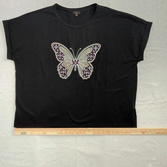 OnTwelfth Womens Short Sleeve Black Sequin Butterfly Top Boho Y2K Tee - 2X - Picture 8 of 11